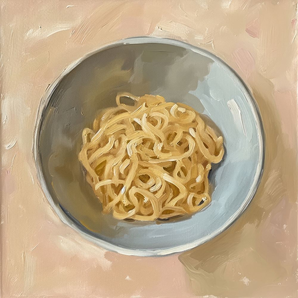 Oil painting of a clsoe up on pale noodles spaghetti pasta plate.