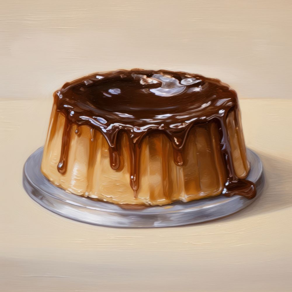 Style oil painting of pale chocolate flan dessert cake food.