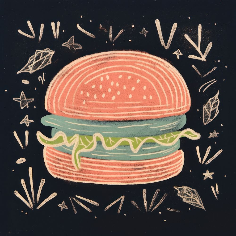 Chalk style burger food blackboard hamburger.