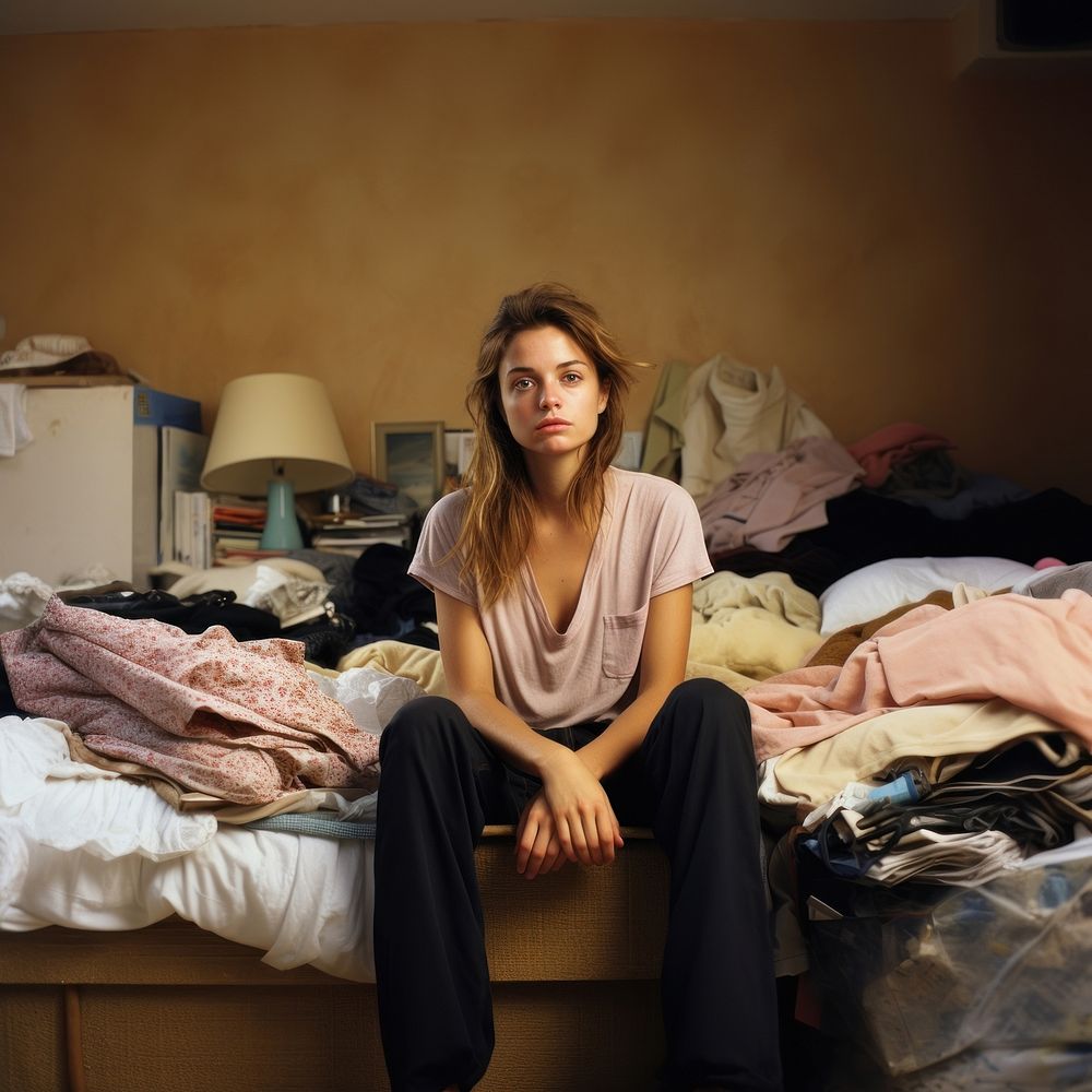 Woman sitting on the bed bedroom furniture portrait.