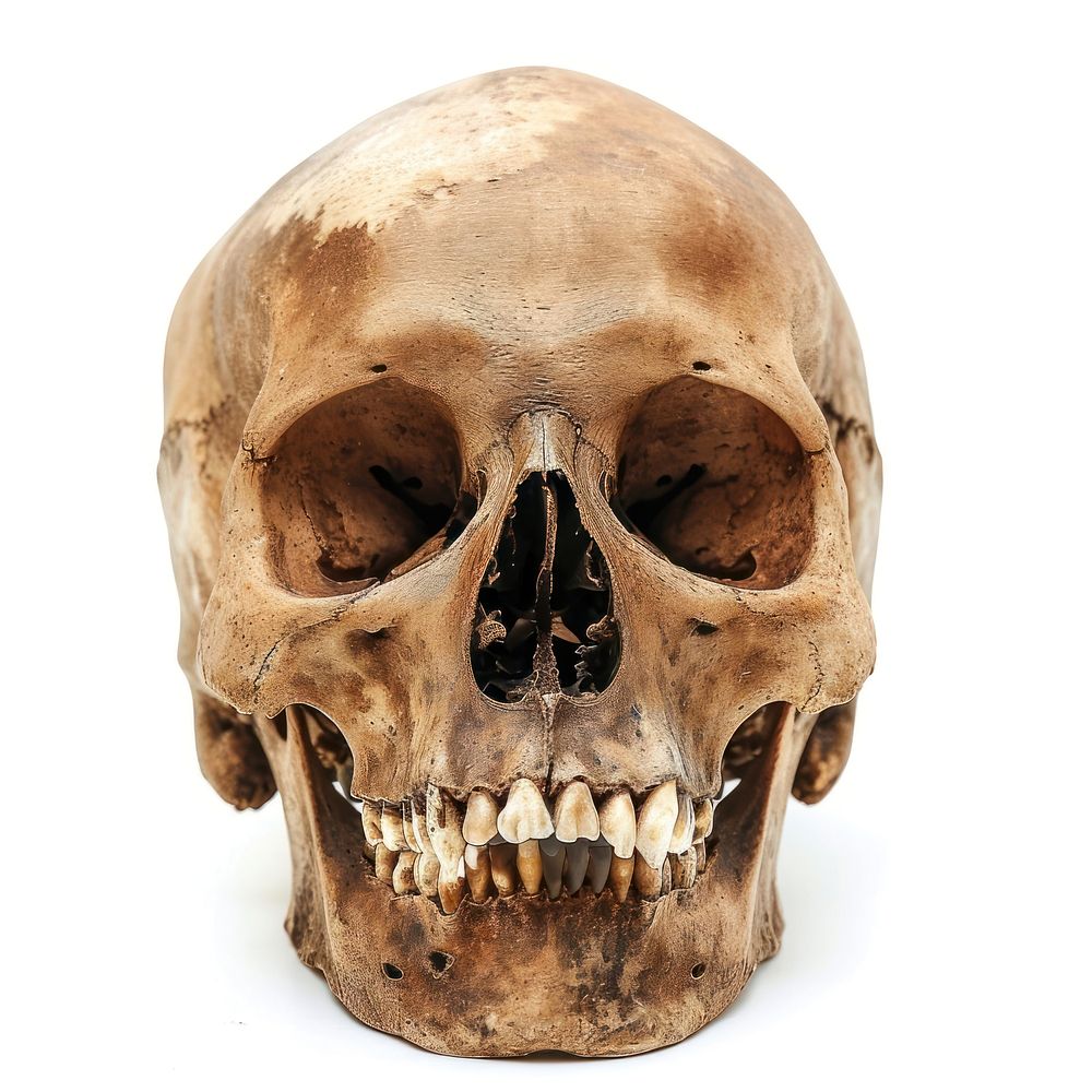 Brown Human skull human white background anthropology.