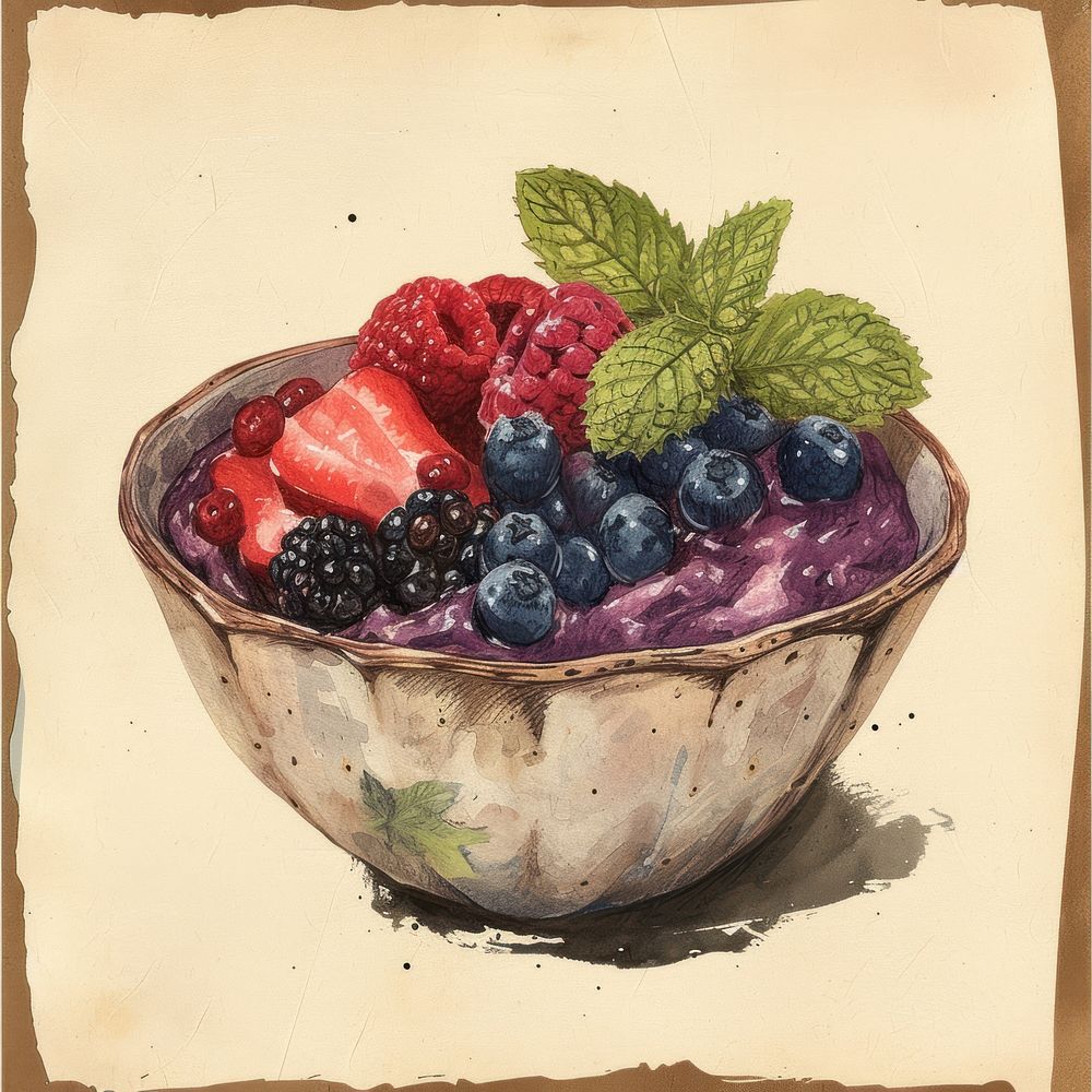 Vintage illustration acai bowl blackberry blueberry raspberry.