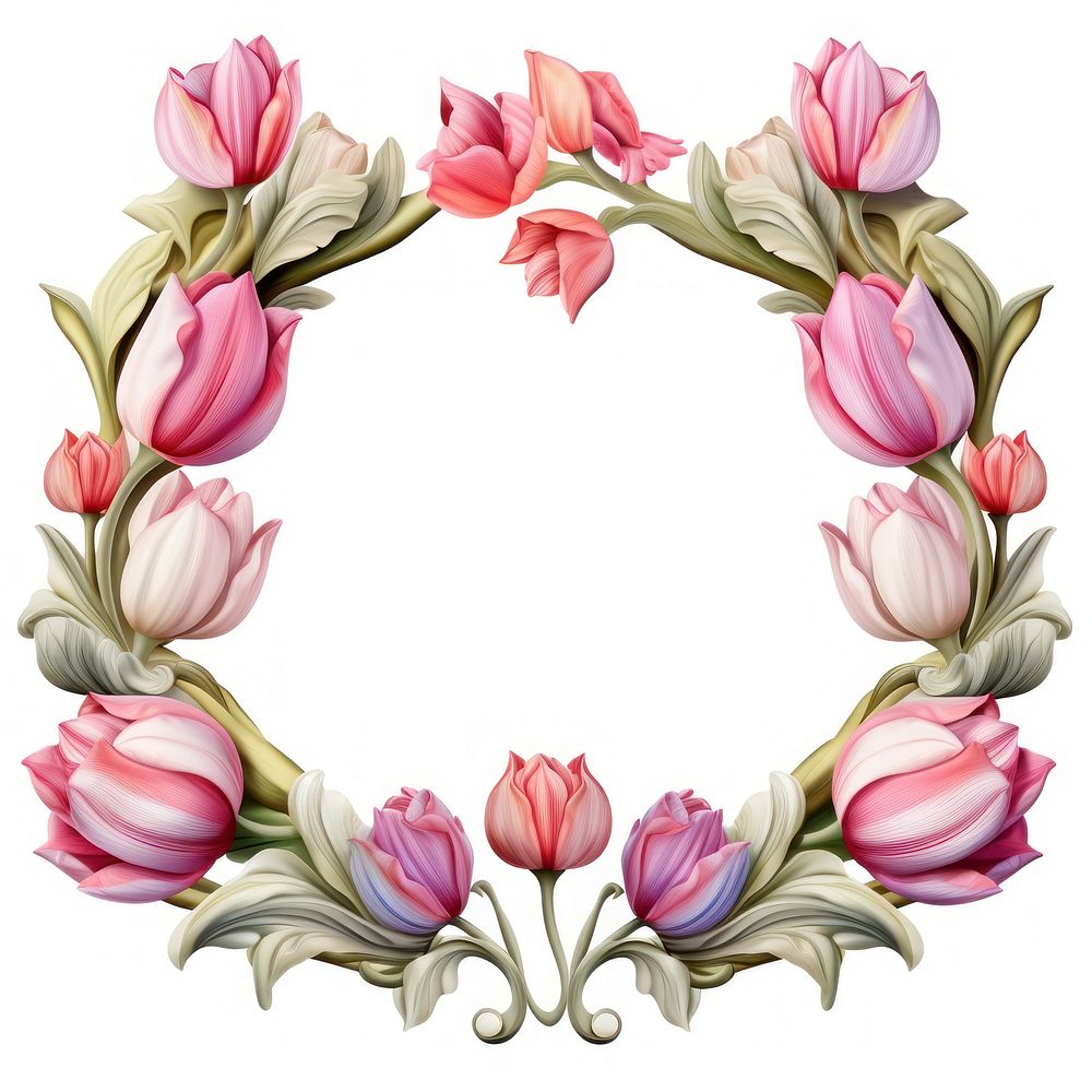 Nouveau art of tulips frame flower plant white background.