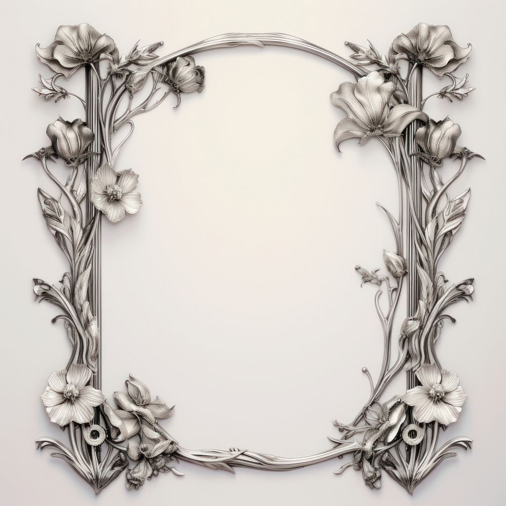 Nouveau art of flower stalks frame silver white background jewelry.