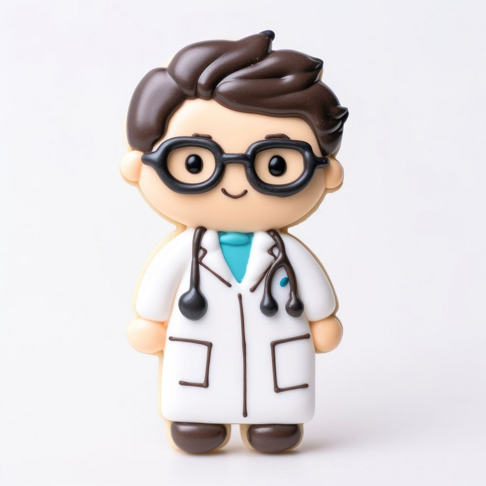 Cute doctor cookie figurine toy white background.