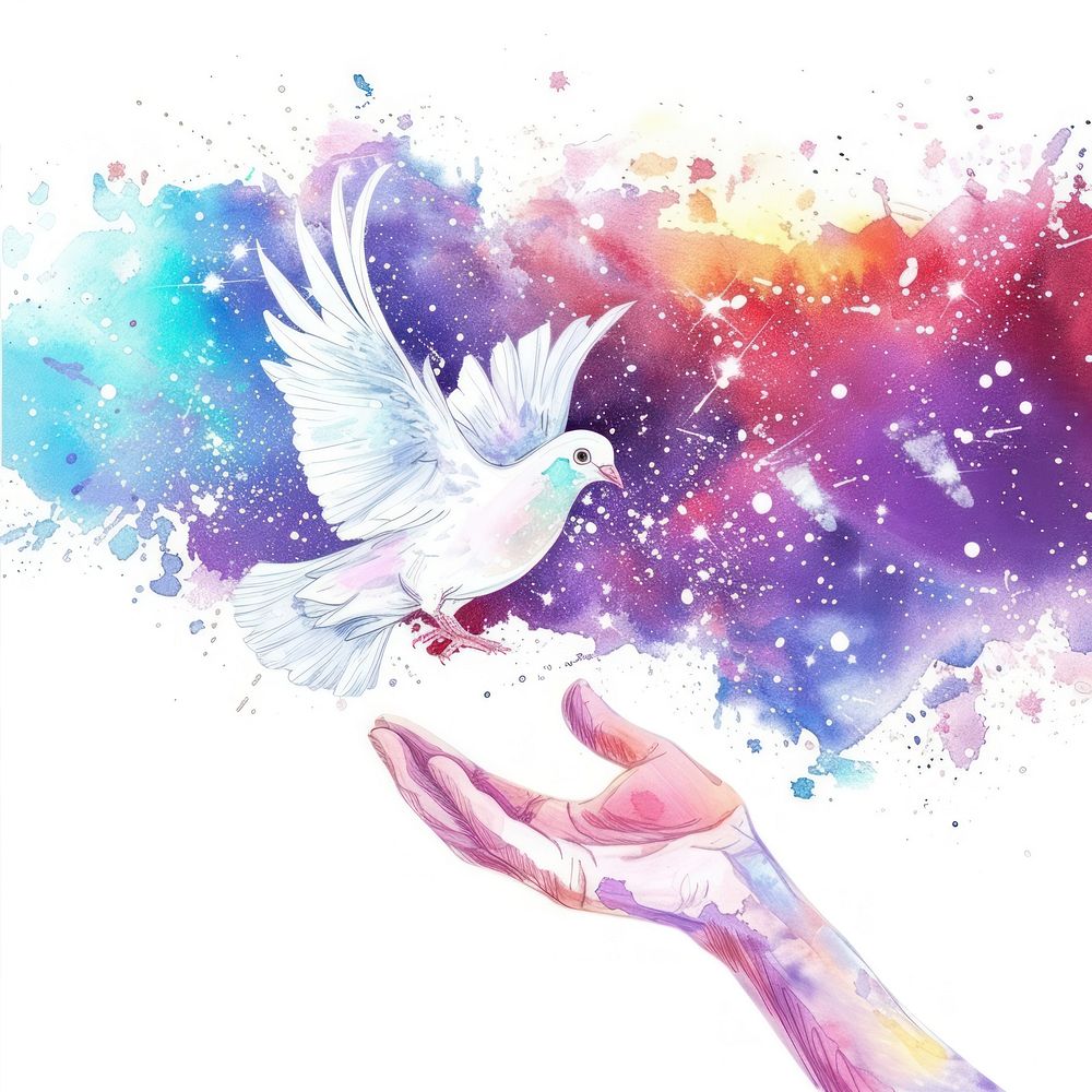 Hand holding dove in Watercolor style human bird art.