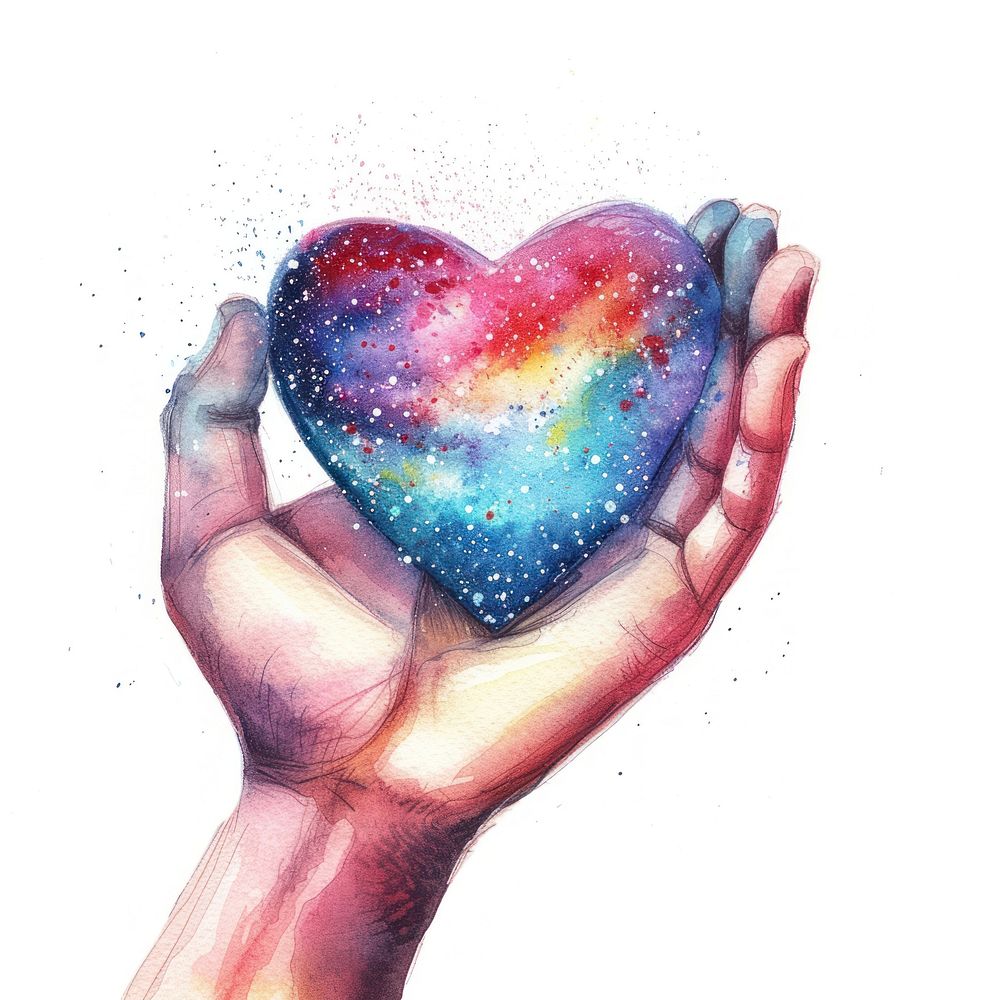 Hand holding heart in Watercolor style galaxy human star.