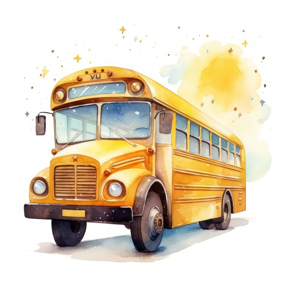 School Bus in Watercolor style bus vehicle white background.
