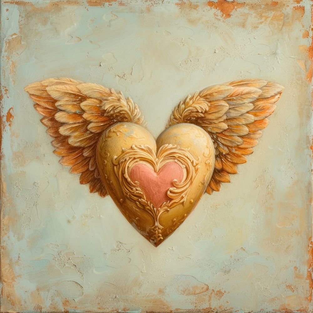 Rococo heart adorned with cupid wings painting old accessories.