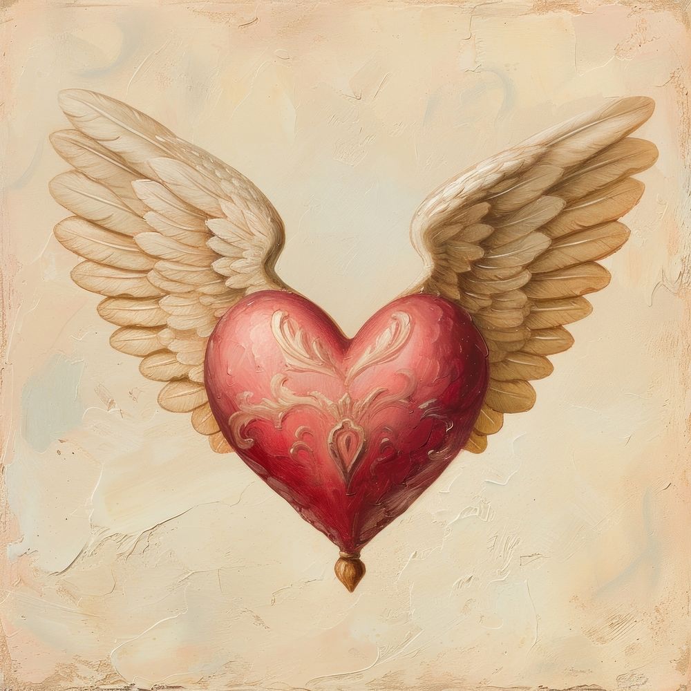 Rococo heart adorned with cupid wings painting drawing red.