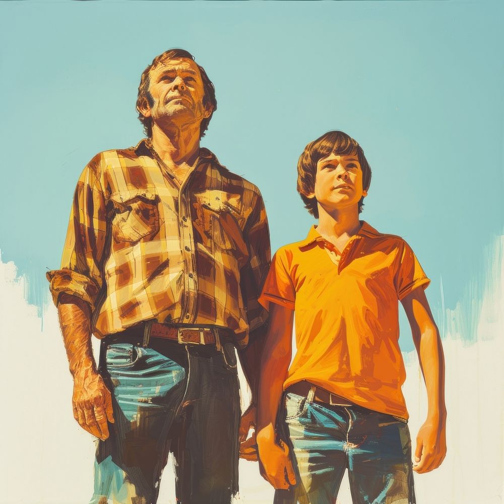 A father and son painting standing portrait.