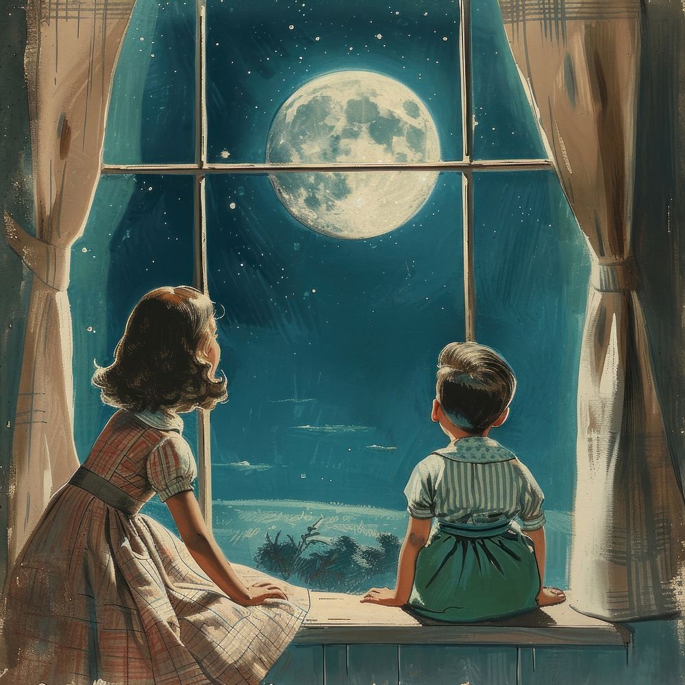 Vintage illustration boy and girl moon astronomy painting.