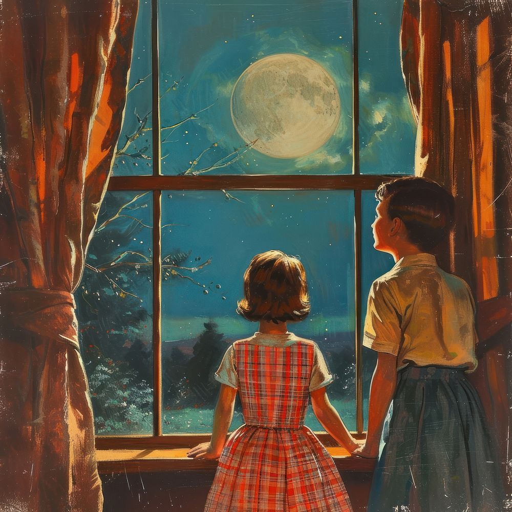 Vintage illustration boy and girl window moon astronomy.