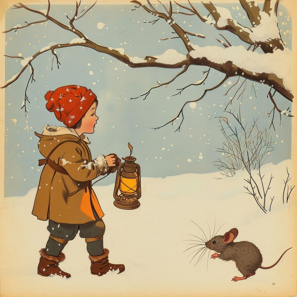 Vintage illustration boy art holding mouse.