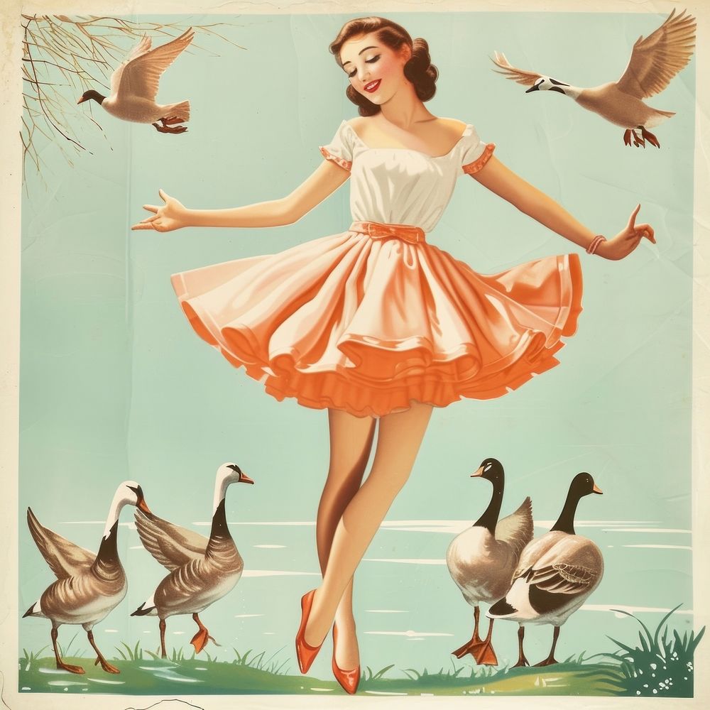 Vintage illustration girl dancing animal goose.