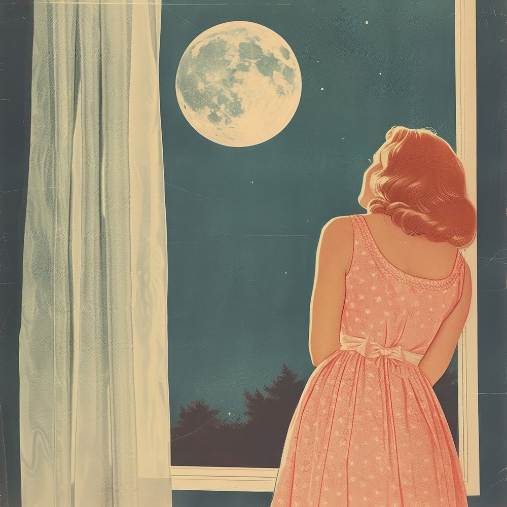 Vintage illustration girl moon astronomy night.