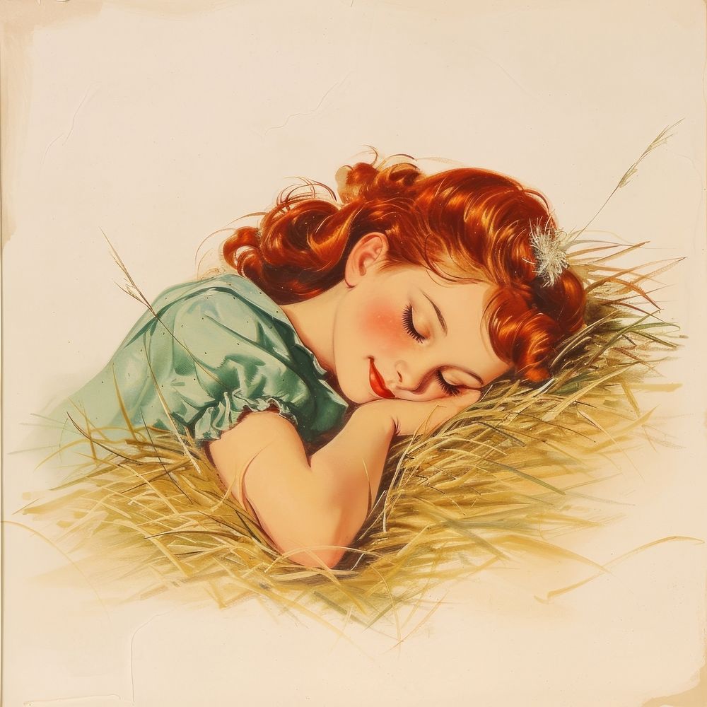Vintage illustration girl sleeping art portrait.