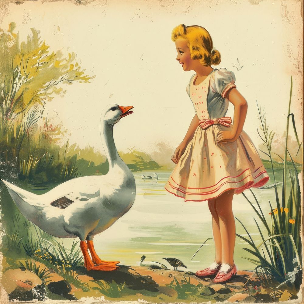 Vintage illustration girl goose art painting.
