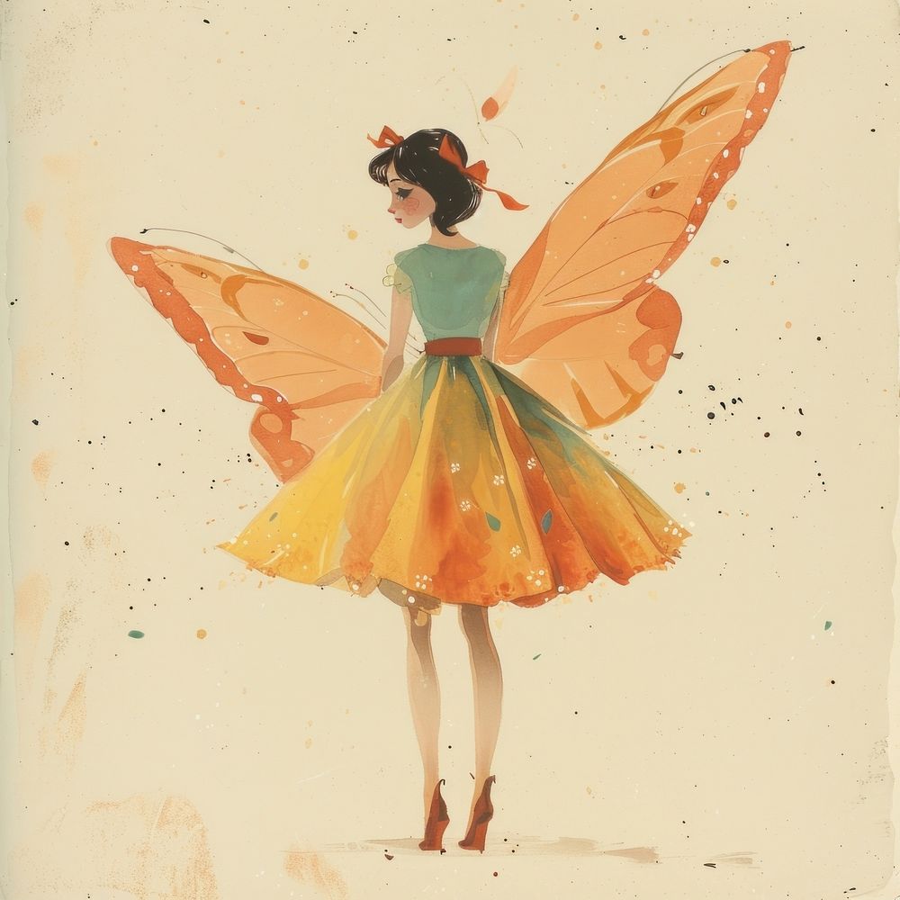 Vintage illustration girl butterfly paper art.