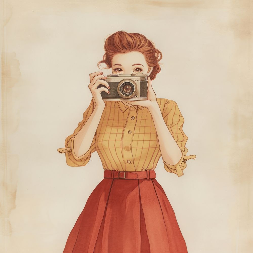 Vintage illustration girl camera art painting.