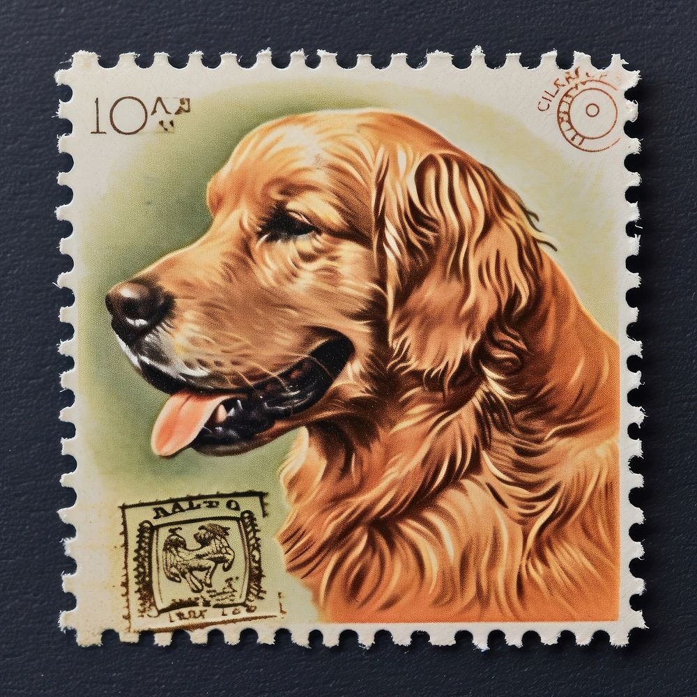 Vintage postage stamp with golden retriever animal mammal dog.