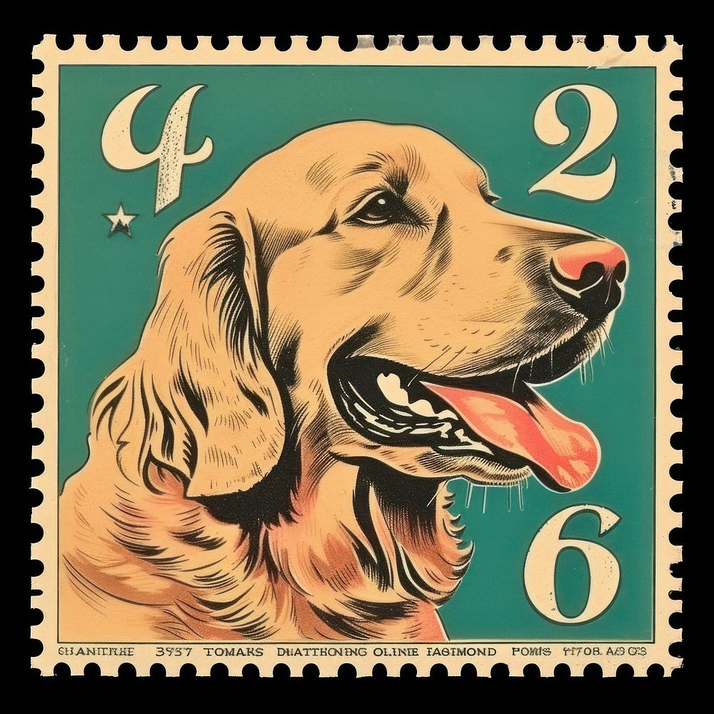 Vintage postage stamp with golden retriever animal mammal pet.