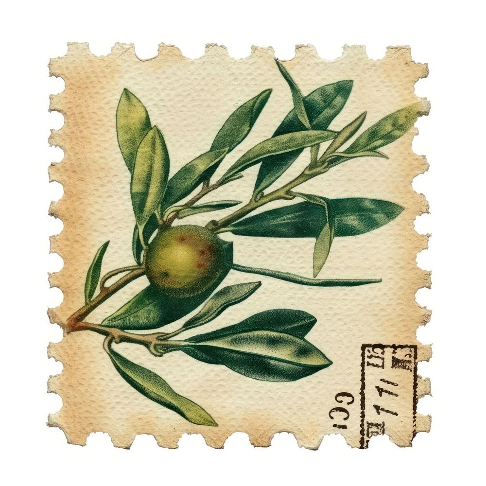 Vintage postage stamp with olive branch plant paper food.