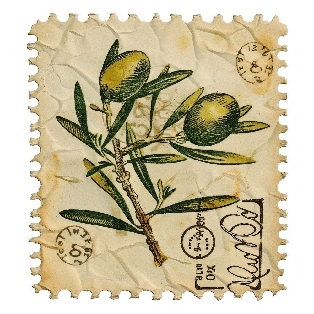 Vintage postage stamp with olive branch plant paper calligraphy.