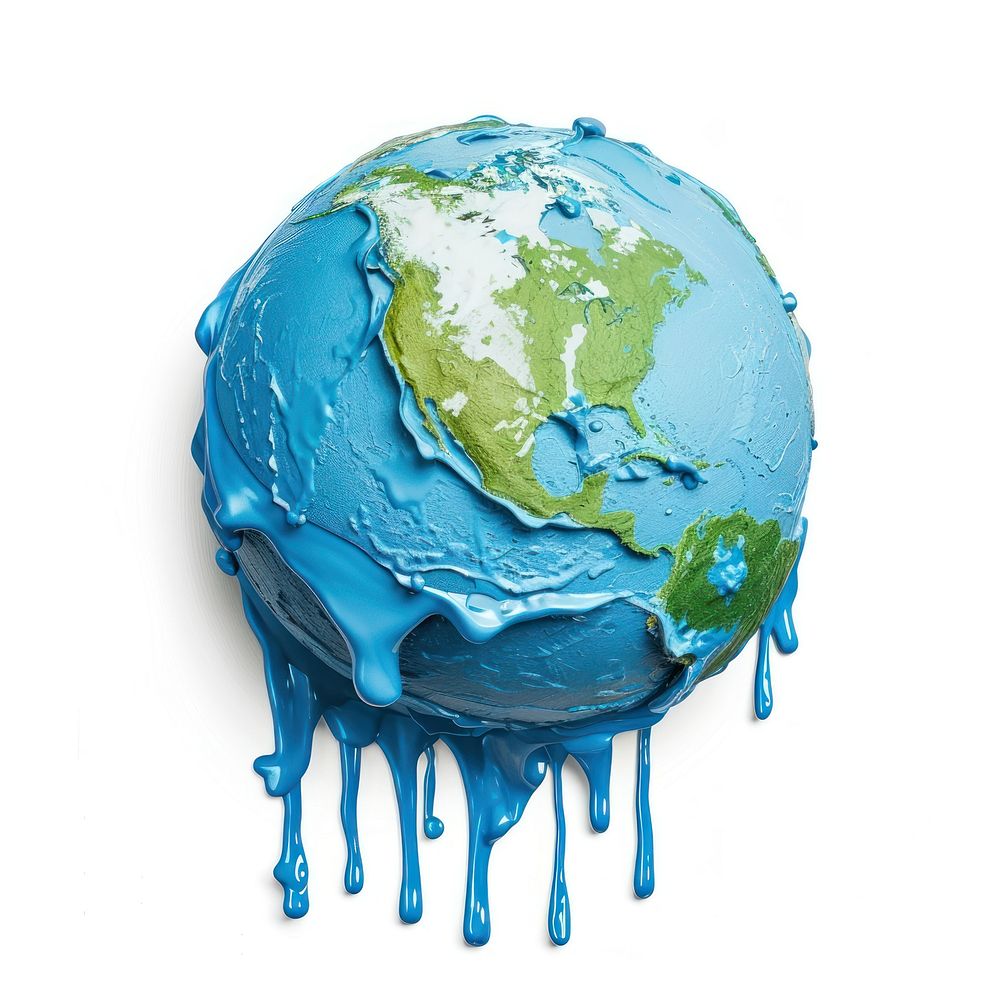 Photo of melting earth planet globe white background.