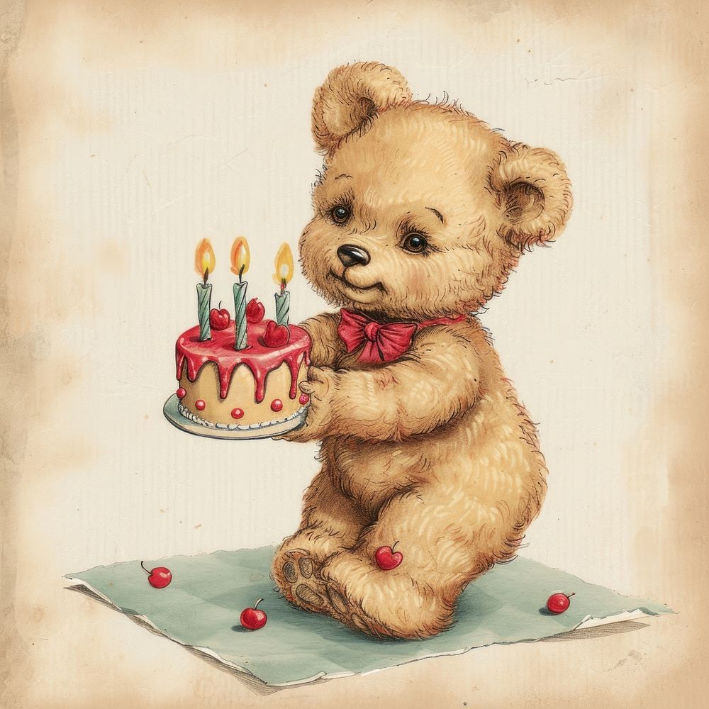 Vintage illustration of teddy bear cake birthday dessert.