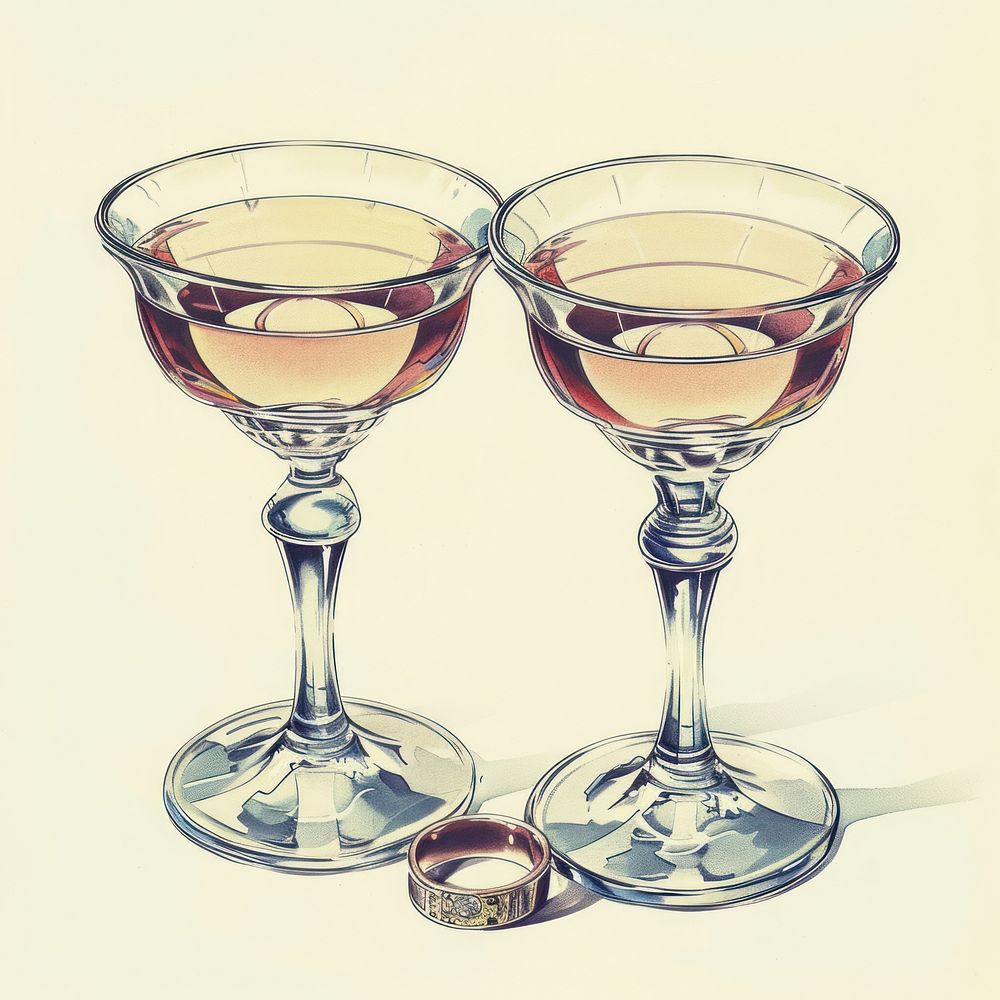Vintage illustration of two glass cocktail drink wine.