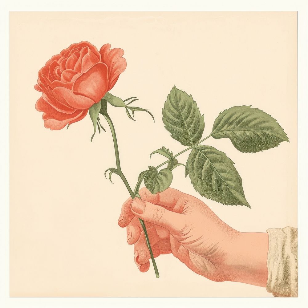 Vintage illustration of a rose art painting holding.