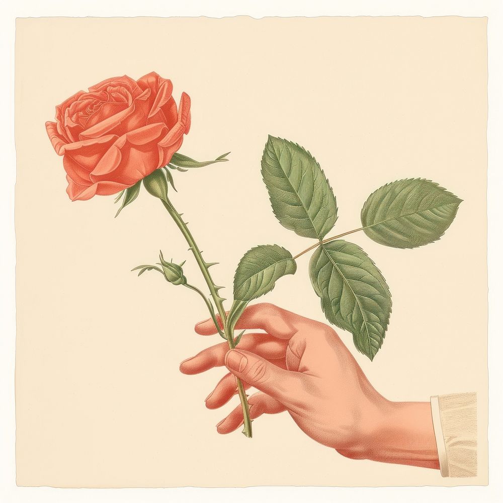 Vintage illustration of a rose holding flower plant.