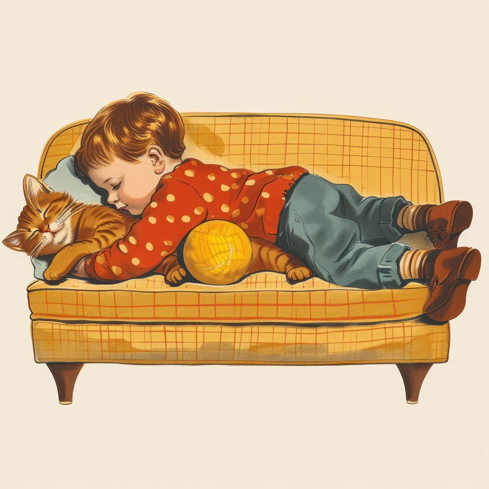Vintage illustration of little boy furniture sleeping mammal.