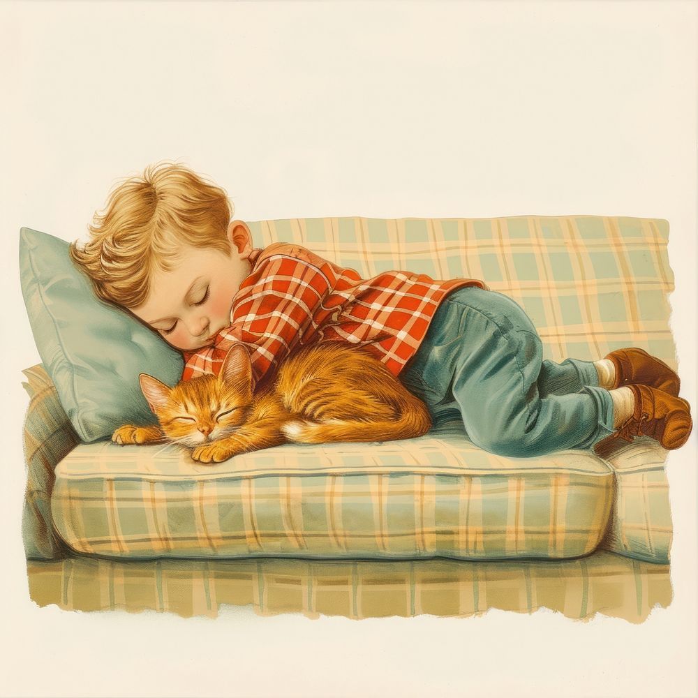 Little boy sleeping on the couch furniture blanket mammal.
