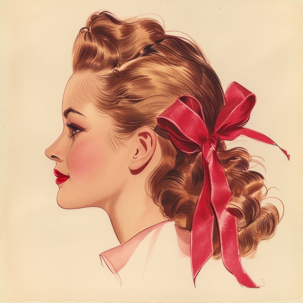 Vintage illustration of ribbon bow art portrait hair.