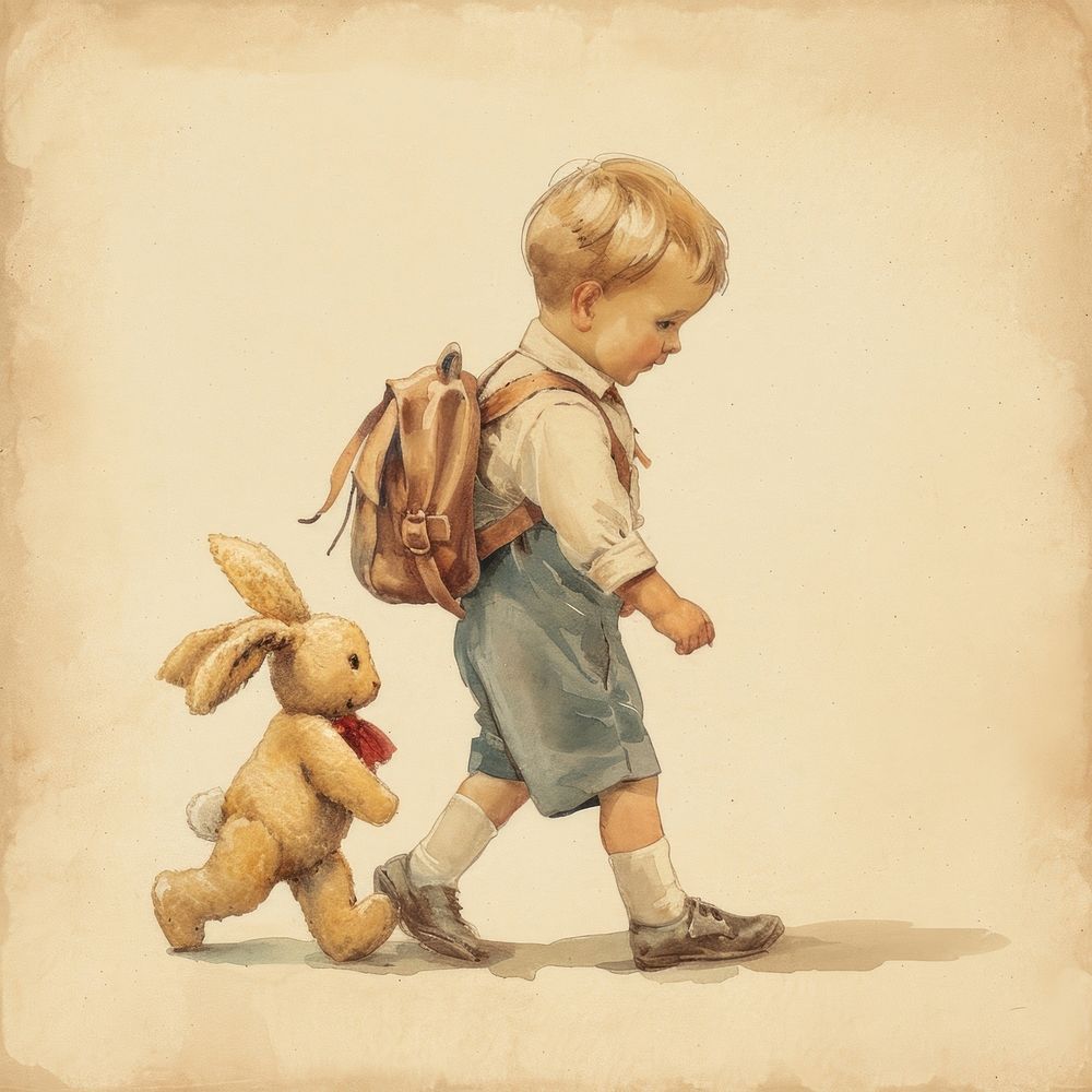 Vintage illustration boy rabbit footwear walking toy.