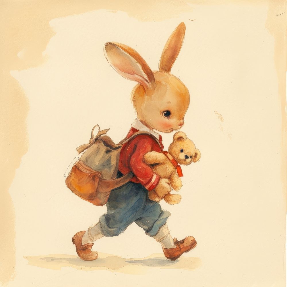 Vintage illustration boy rabbit walking animal mammal.
