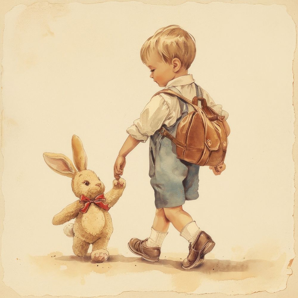 Vintage illustration boy rabbit walking toy representation.
