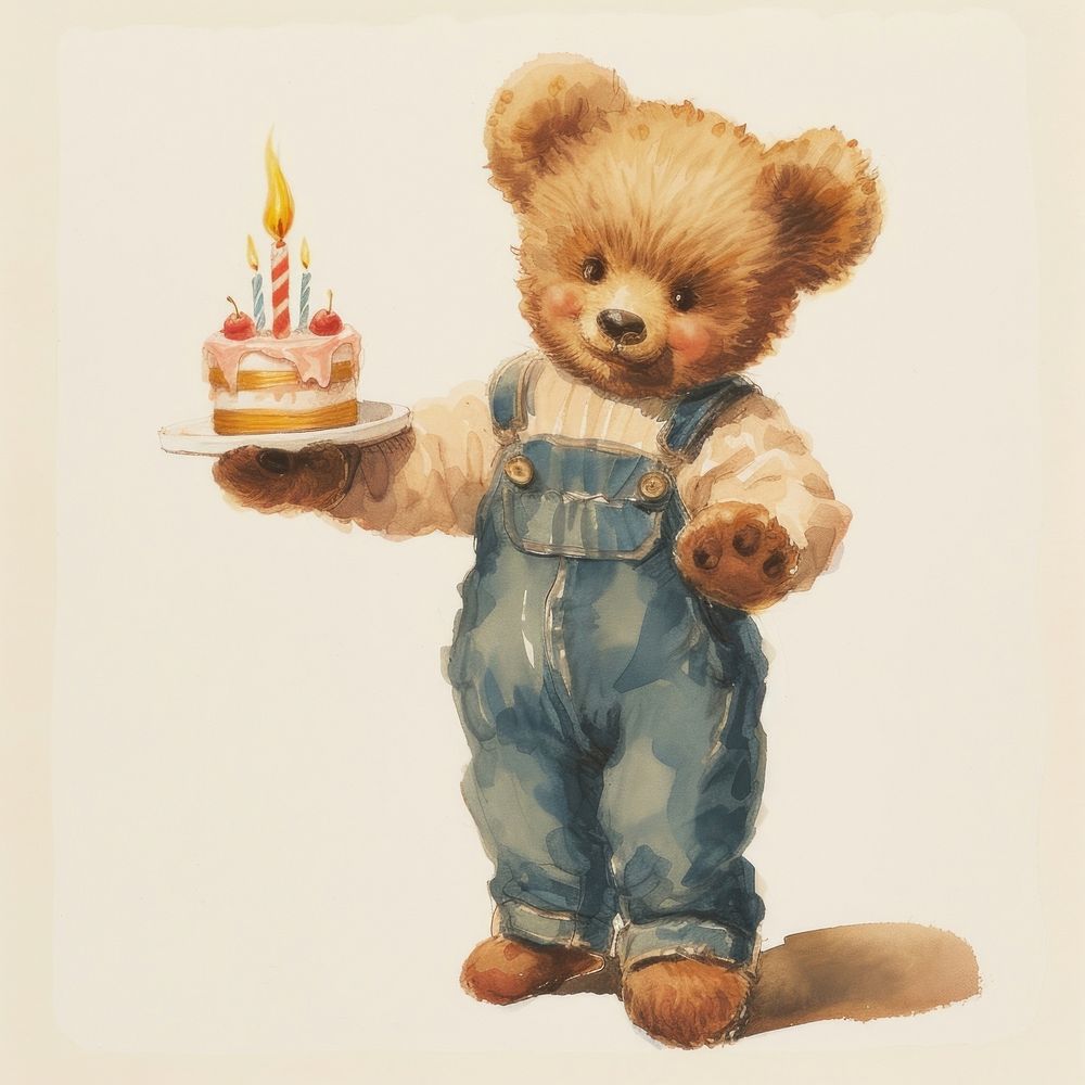 Vintage illustration of teddy bear cake birthday dessert.