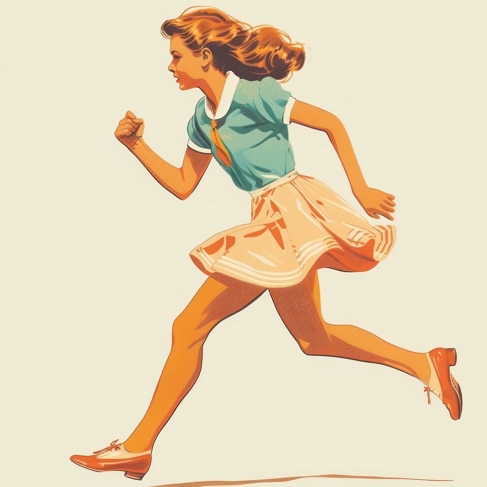 Vintage illustration of girl running adult art exercising.