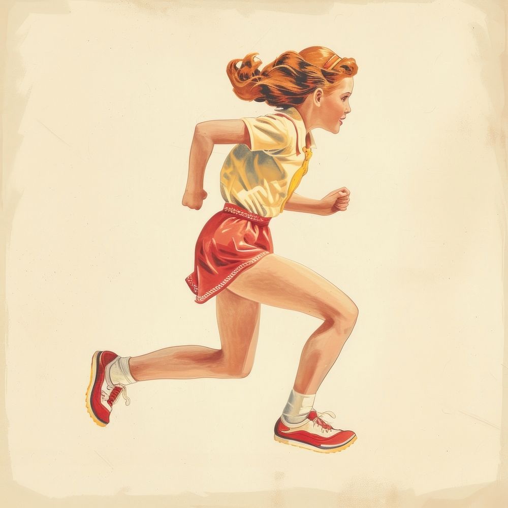 Vintage illustration of a girl running art footwear shorts.