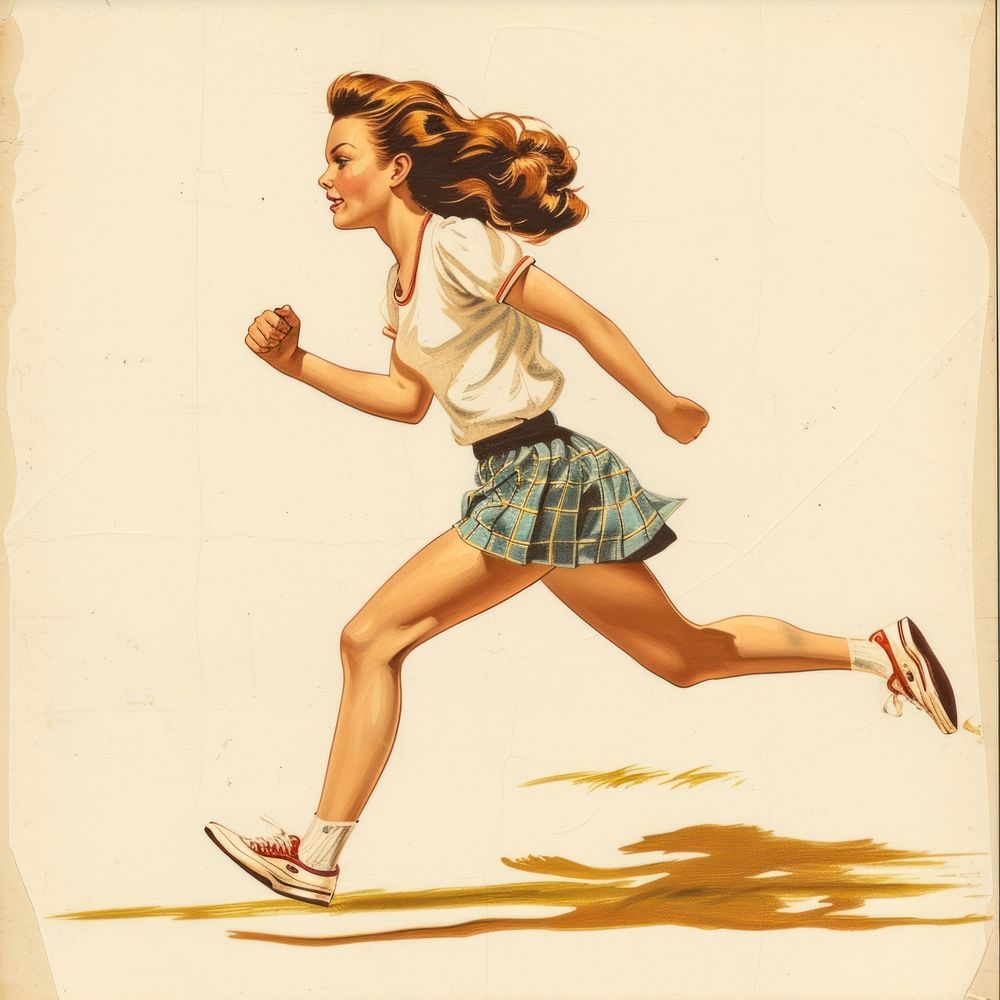 Vintage illustration of a girl running shorts art advertisement.