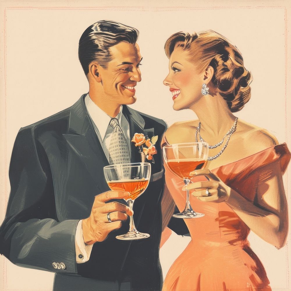 Vintage illustration of cocktail glass portrait wedding.