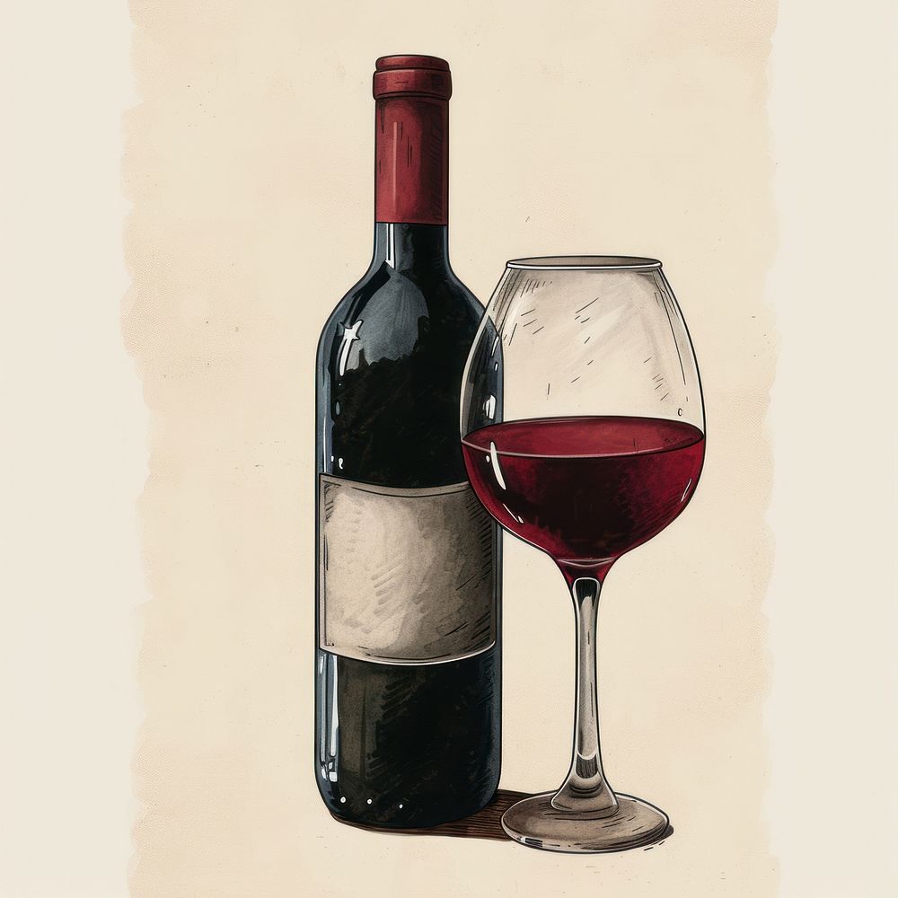 Vintage illustration of red wine bottle glass drink.