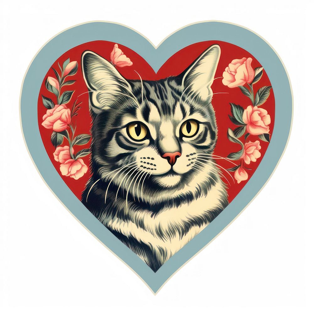 Cat illustration printable sticker heart pattern mammal.