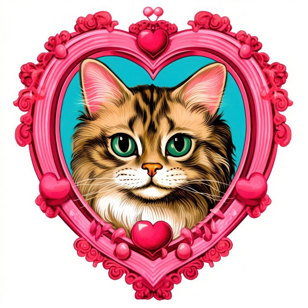 Cat illustration printable sticker mammal animal heart.