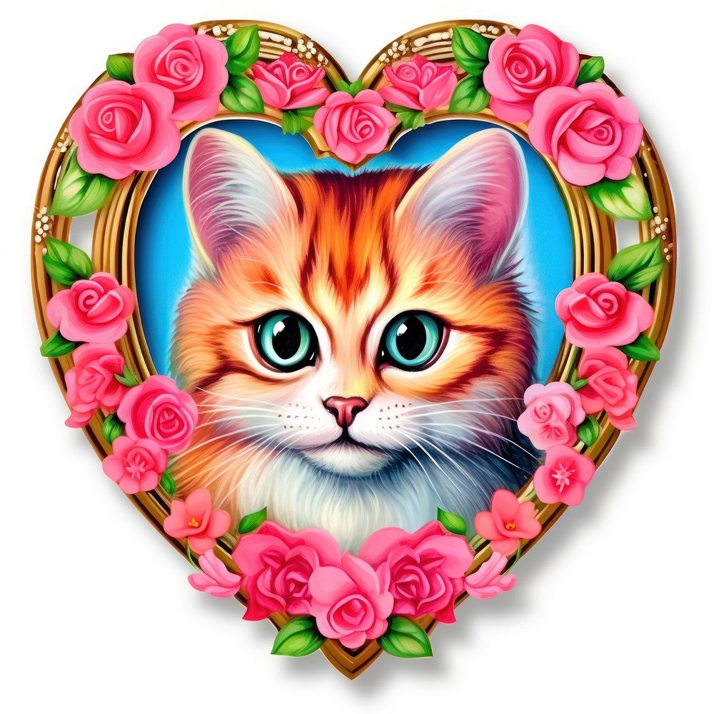 Cat illustration printable sticker mammal animal heart.