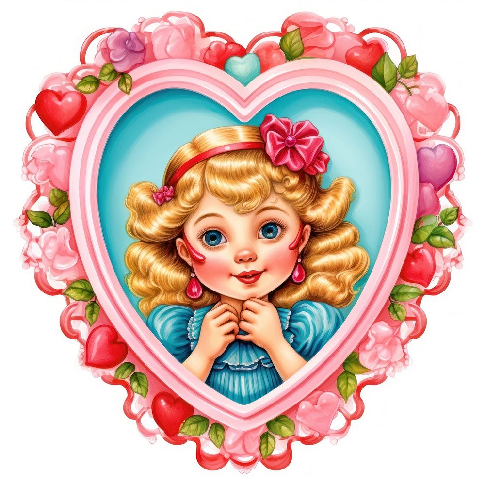 Girl illustration printable sticker heart doll toy.