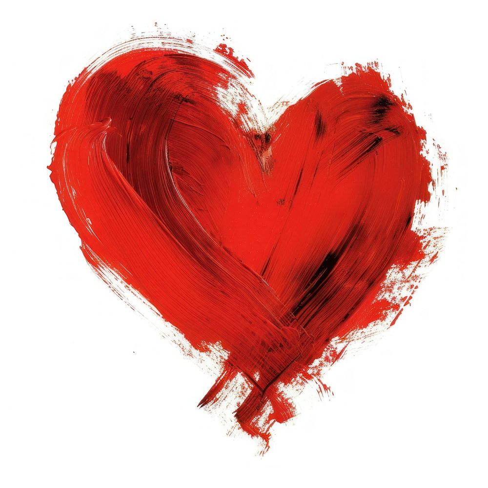 Heart shape brush stroke paint red white background.